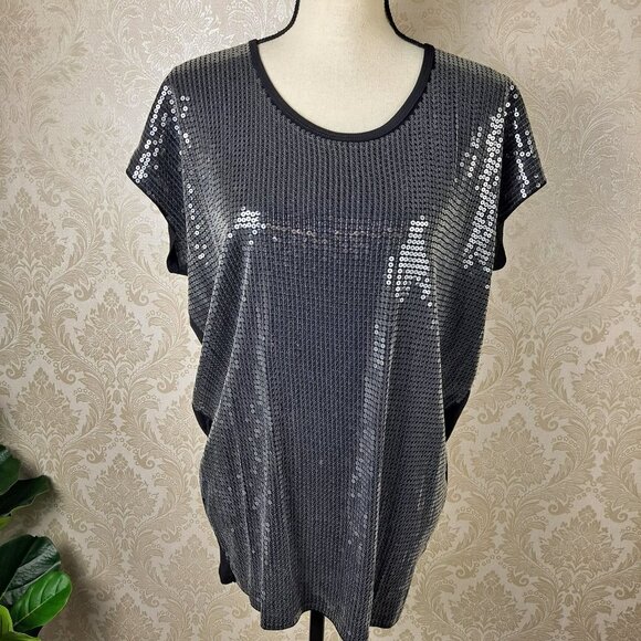 MICHAEL Michael Kors Size Med Black Blouse silver/Gunmetal Sequin Front NWT - Picture 1 of 12